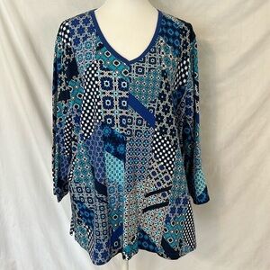 Kim Rogers Woman Blue Patchwork Design V Neck Tunic Sz 2x